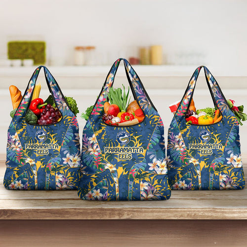 Parramatta Eels Grocery Bag Tropical Hibiscus Floral Pattern With Blue And Yellow Accents