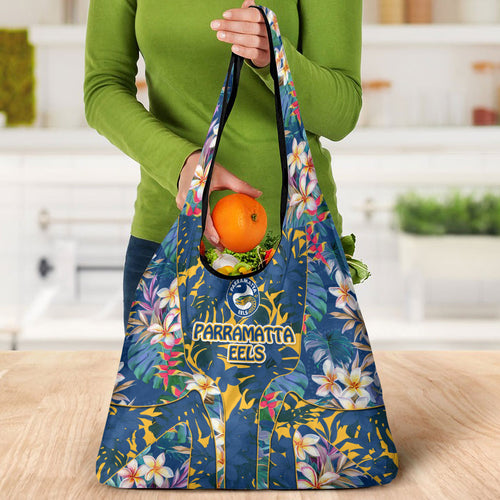 Parramatta Eels Grocery Bag Tropical Hibiscus Floral Pattern With Blue And Yellow Accents