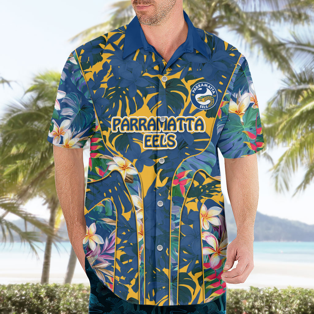 Parramatta Eels Hawaiian Shirt Tropical Hibiscus Floral Pattern With Blue And Yellow Accents