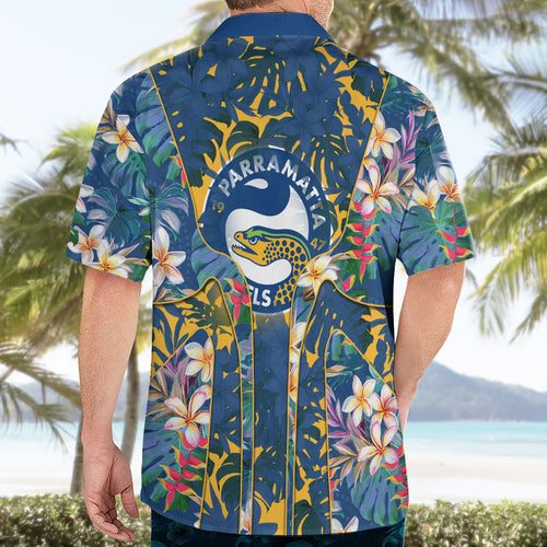 Parramatta Eels Hawaiian Shirt Tropical Hibiscus Floral Pattern With Blue And Yellow Accents
