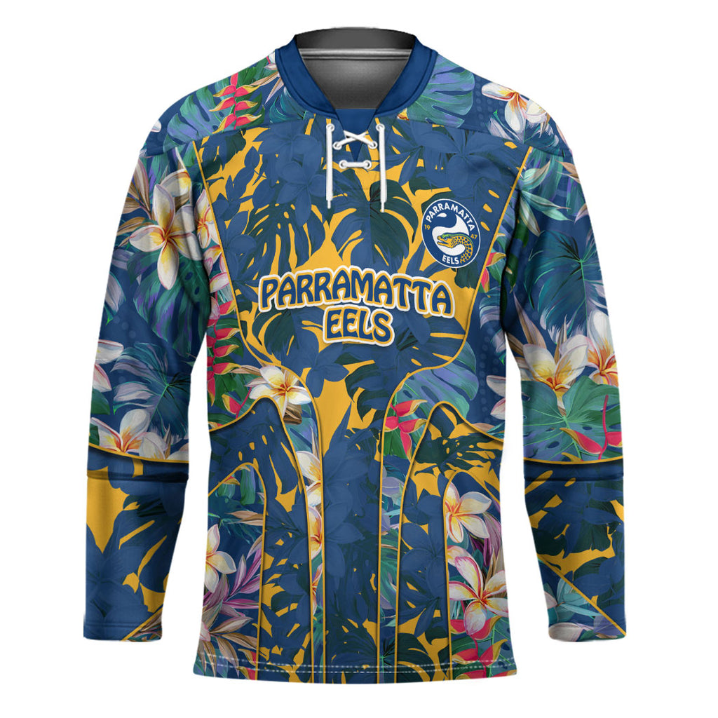 Parramatta Eels Hockey Jersey Tropical Hibiscus Floral Pattern With Blue And Yellow Accents