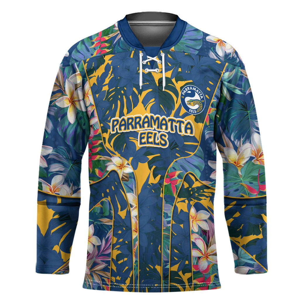 Parramatta Eels Hockey Jersey Tropical Hibiscus Floral Pattern With Blue And Yellow Accents