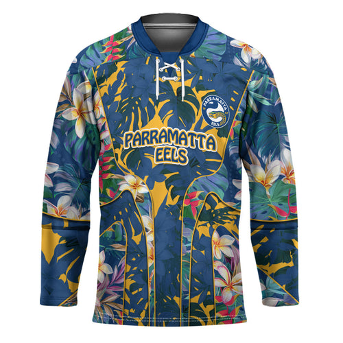 Parramatta Eels Hockey Jersey Tropical Hibiscus Floral Pattern With Blue And Yellow Accents