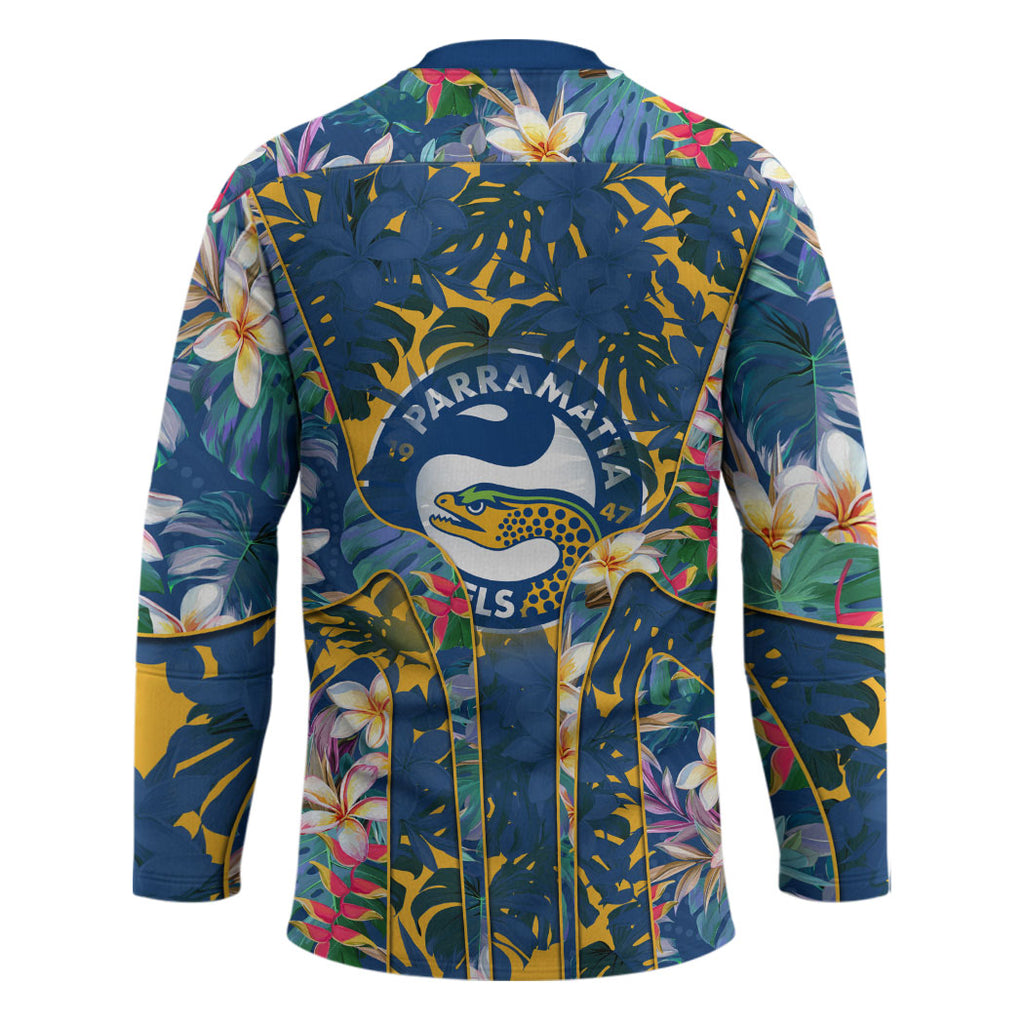 Parramatta Eels Hockey Jersey Tropical Hibiscus Floral Pattern With Blue And Yellow Accents