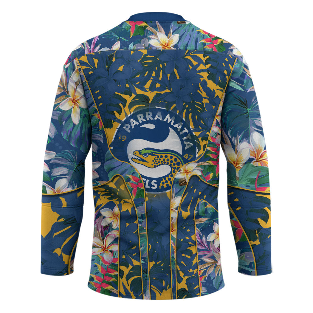 Parramatta Eels Hockey Jersey Tropical Hibiscus Floral Pattern With Blue And Yellow Accents
