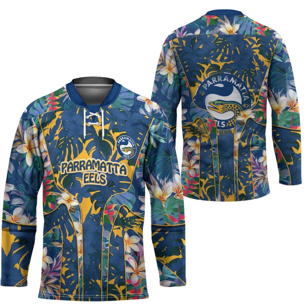 Parramatta Eels Hockey Jersey Tropical Hibiscus Floral Pattern With Blue And Yellow Accents
