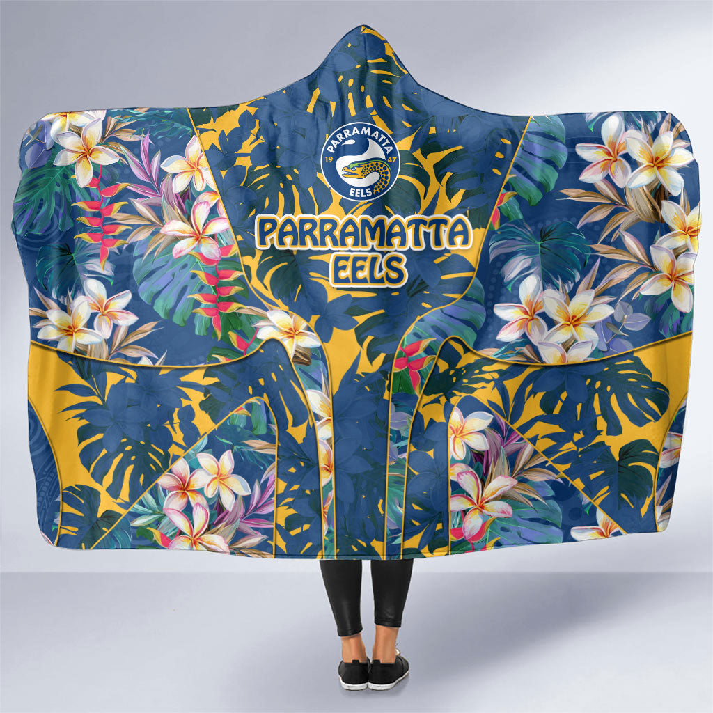 Parramatta Eels Hooded Blanket Tropical Hibiscus Floral Pattern With Blue And Yellow Accents