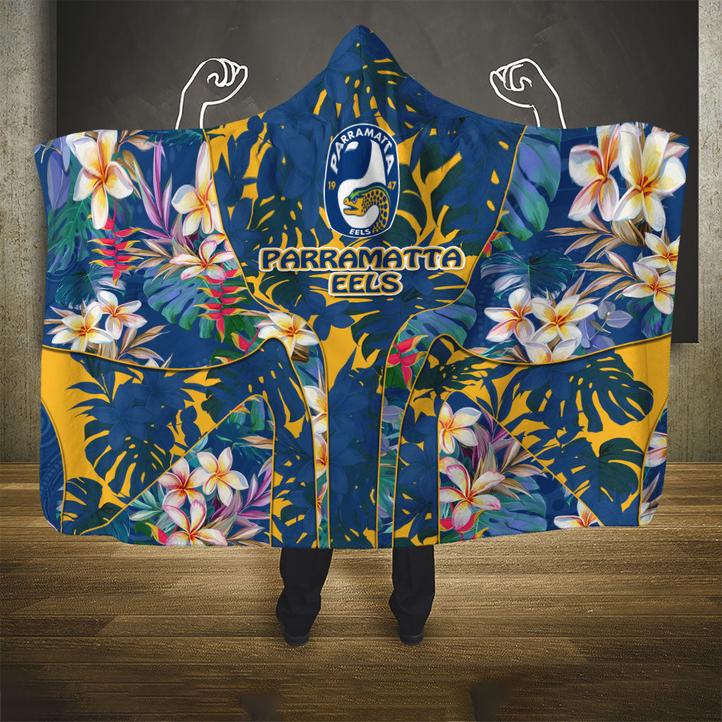 Parramatta Eels Hooded Blanket Tropical Hibiscus Floral Pattern With Blue And Yellow Accents