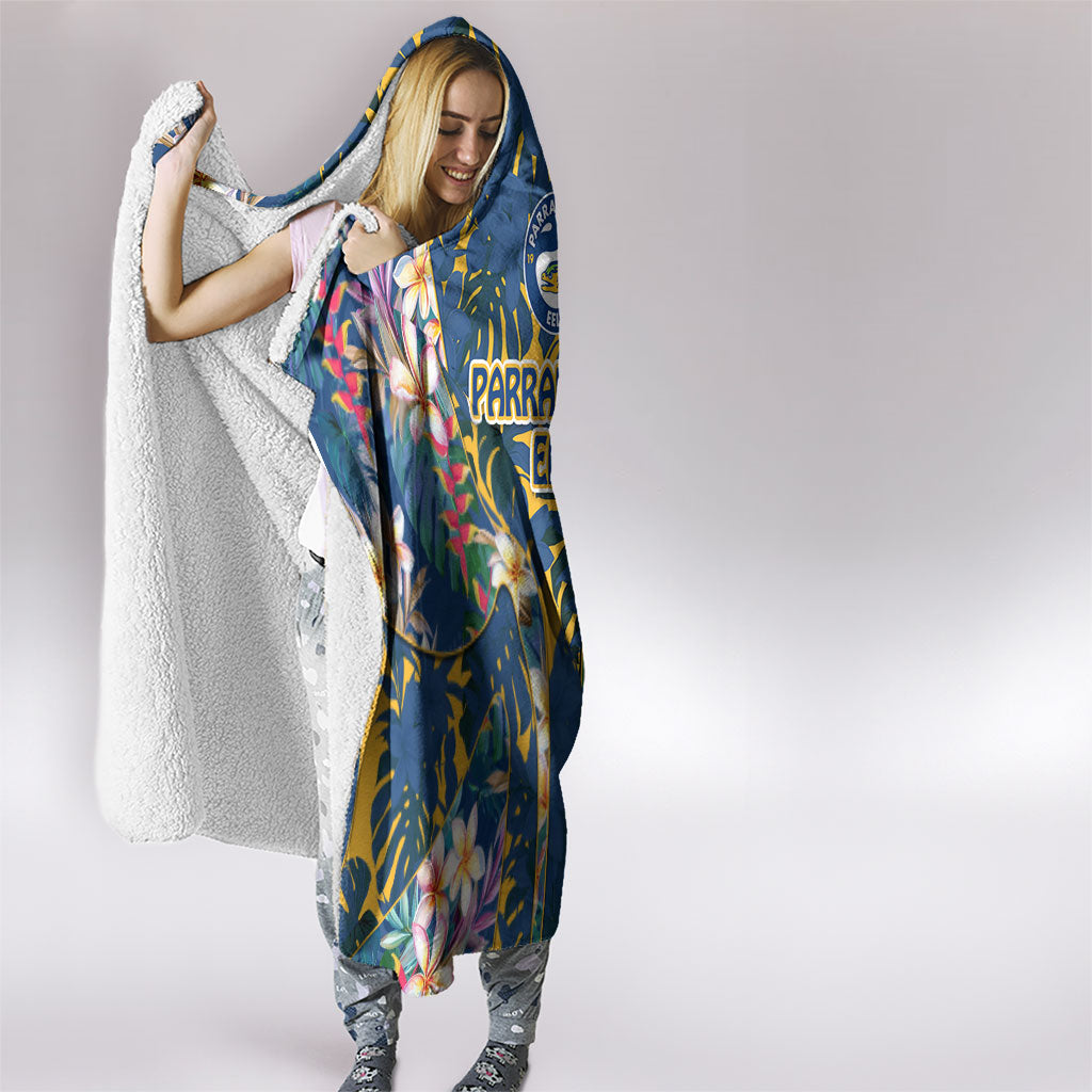 Parramatta Eels Hooded Blanket Tropical Hibiscus Floral Pattern With Blue And Yellow Accents