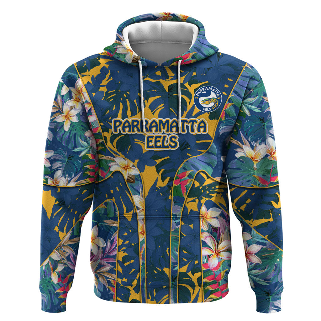 Parramatta Eels Hoodie Tropical Hibiscus Floral Pattern With Blue And Yellow Accents