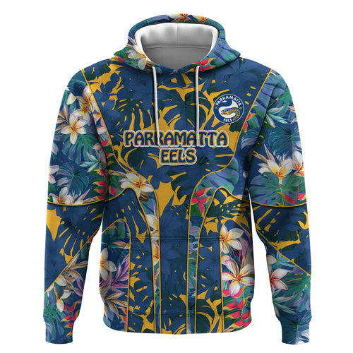 Parramatta Eels Hoodie Tropical Hibiscus Floral Pattern With Blue And Yellow Accents