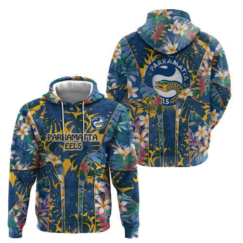 Parramatta Eels Hoodie Tropical Hibiscus Floral Pattern With Blue And Yellow Accents