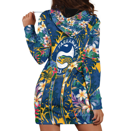 Parramatta Eels Hoodie Dress Tropical Hibiscus Floral Pattern With Blue And Yellow Accents