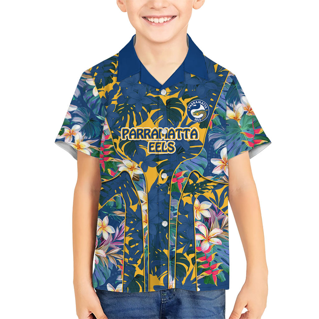 Parramatta Eels Kid Hawaiian Shirt Tropical Hibiscus Floral Pattern With Blue And Yellow Accents