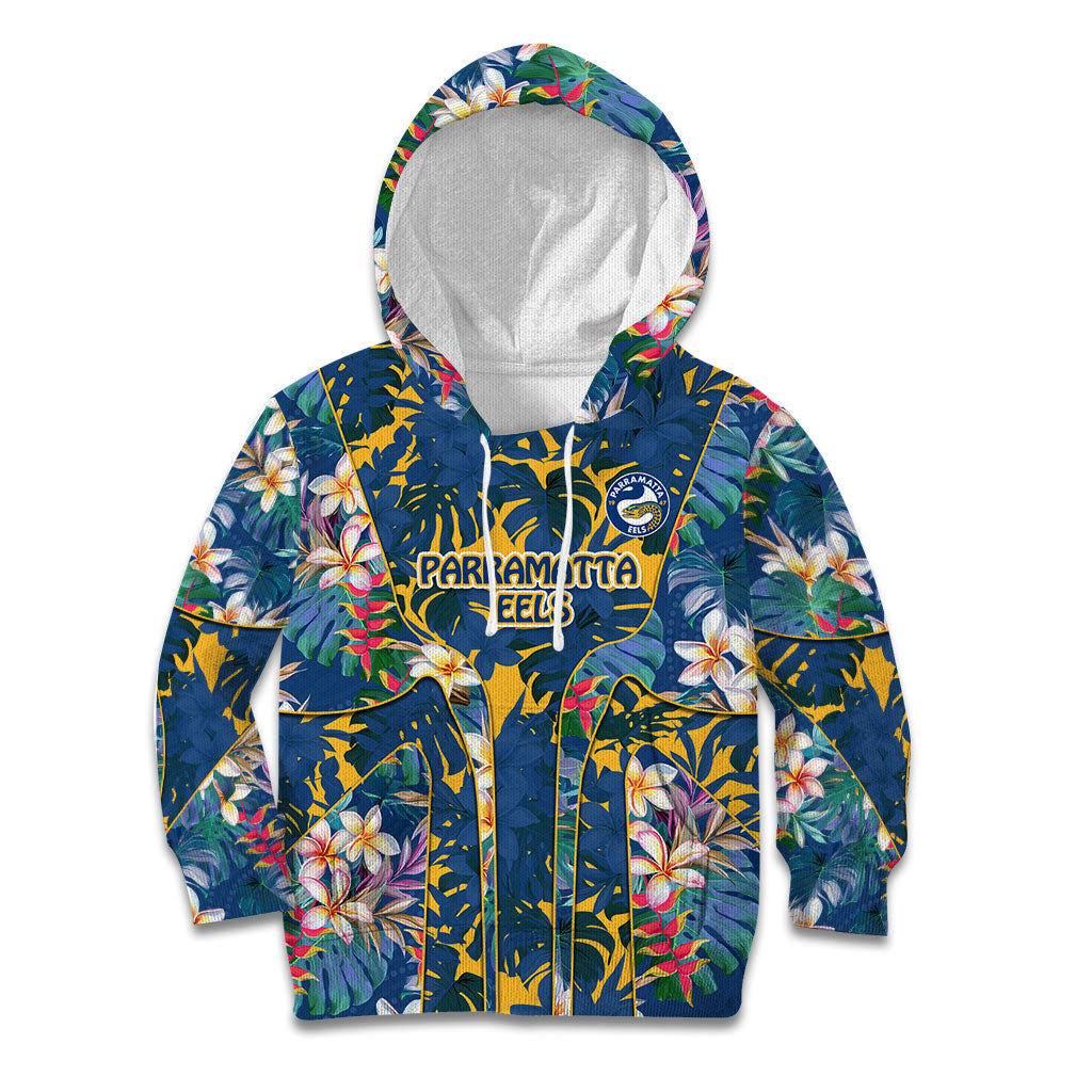 Parramatta Eels Kid Hoodie Tropical Hibiscus Floral Pattern With Blue And Yellow Accents