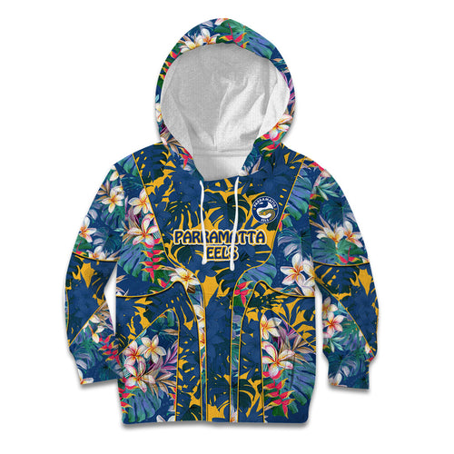 Parramatta Eels Kid Hoodie Tropical Hibiscus Floral Pattern With Blue And Yellow Accents