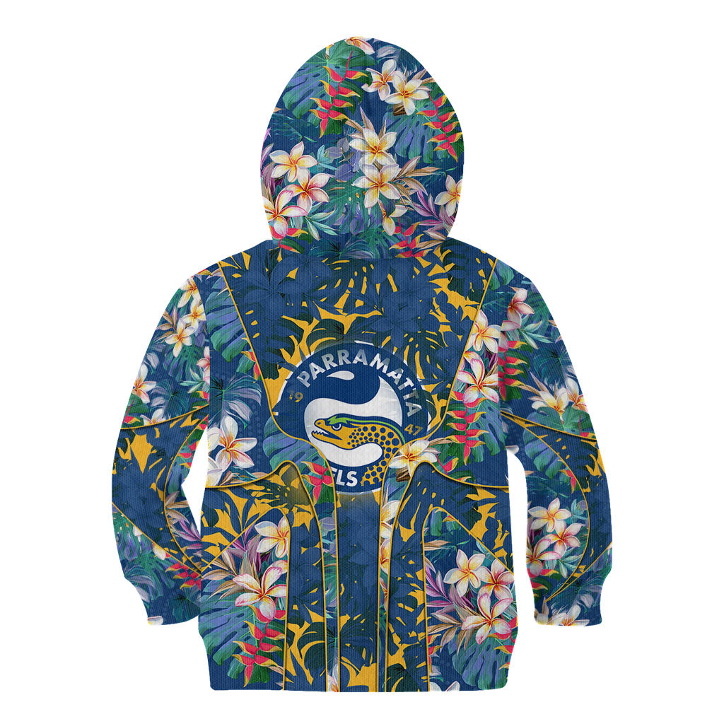 Parramatta Eels Kid Hoodie Tropical Hibiscus Floral Pattern With Blue And Yellow Accents