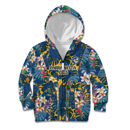 Parramatta Eels Kid Hoodie Tropical Hibiscus Floral Pattern With Blue And Yellow Accents