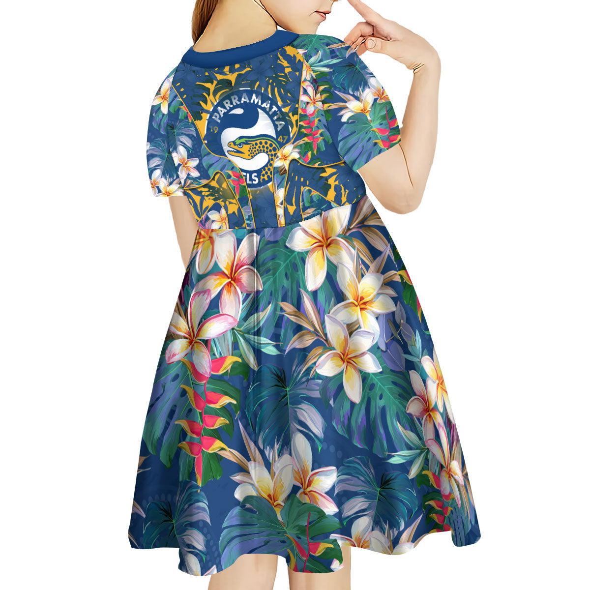 Parramatta Eels Kid Short Sleeve Dress Tropical Hibiscus Floral Pattern With Blue And Yellow Accents
