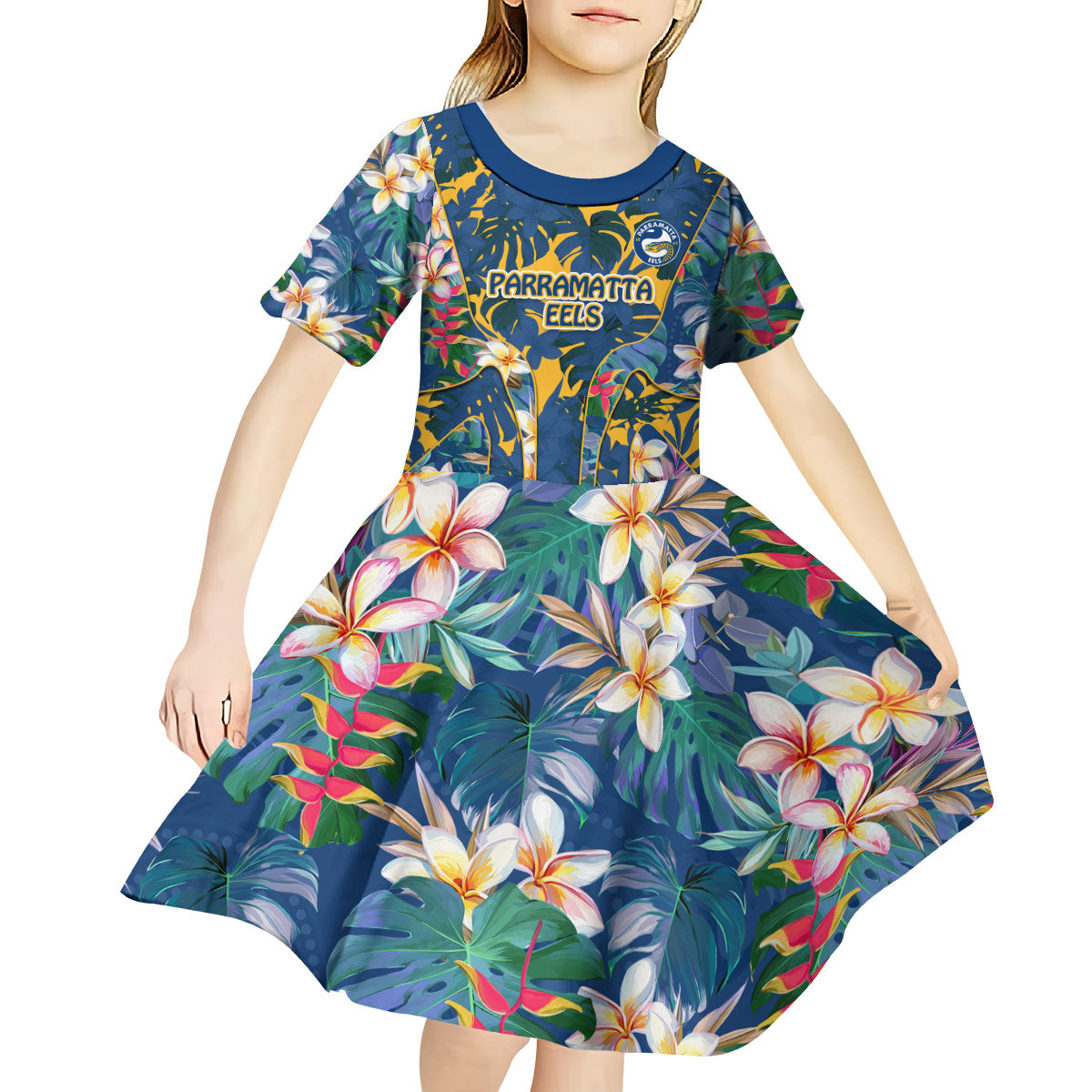 Parramatta Eels Kid Short Sleeve Dress Tropical Hibiscus Floral Pattern With Blue And Yellow Accents