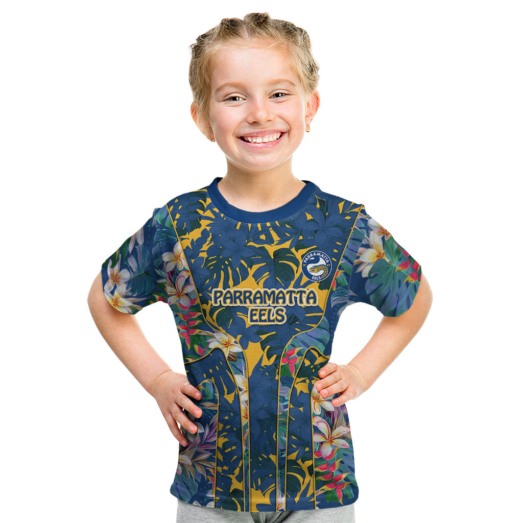 Parramatta Eels Kid T Shirt Tropical Hibiscus Floral Pattern With Blue And Yellow Accents