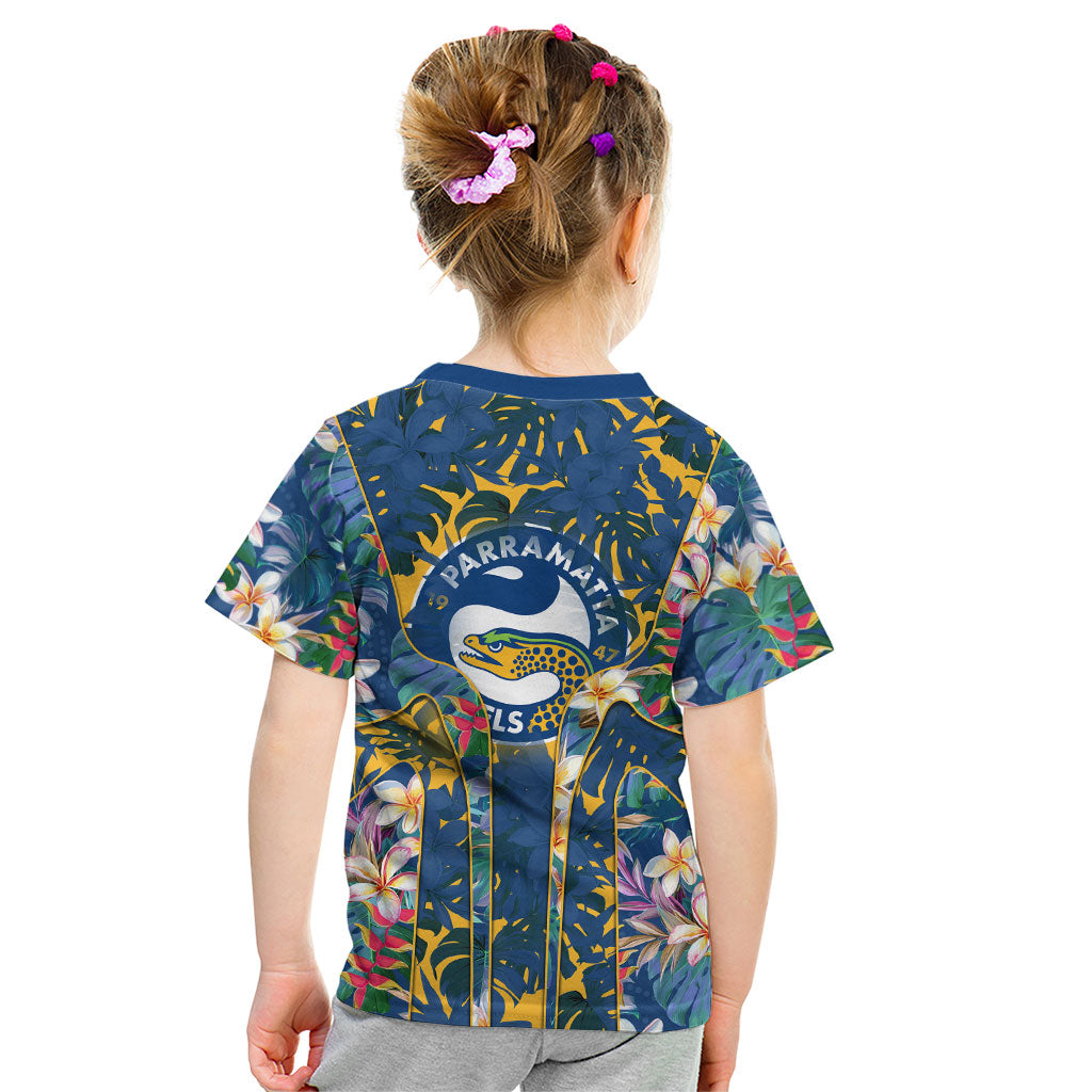 Parramatta Eels Kid T Shirt Tropical Hibiscus Floral Pattern With Blue And Yellow Accents