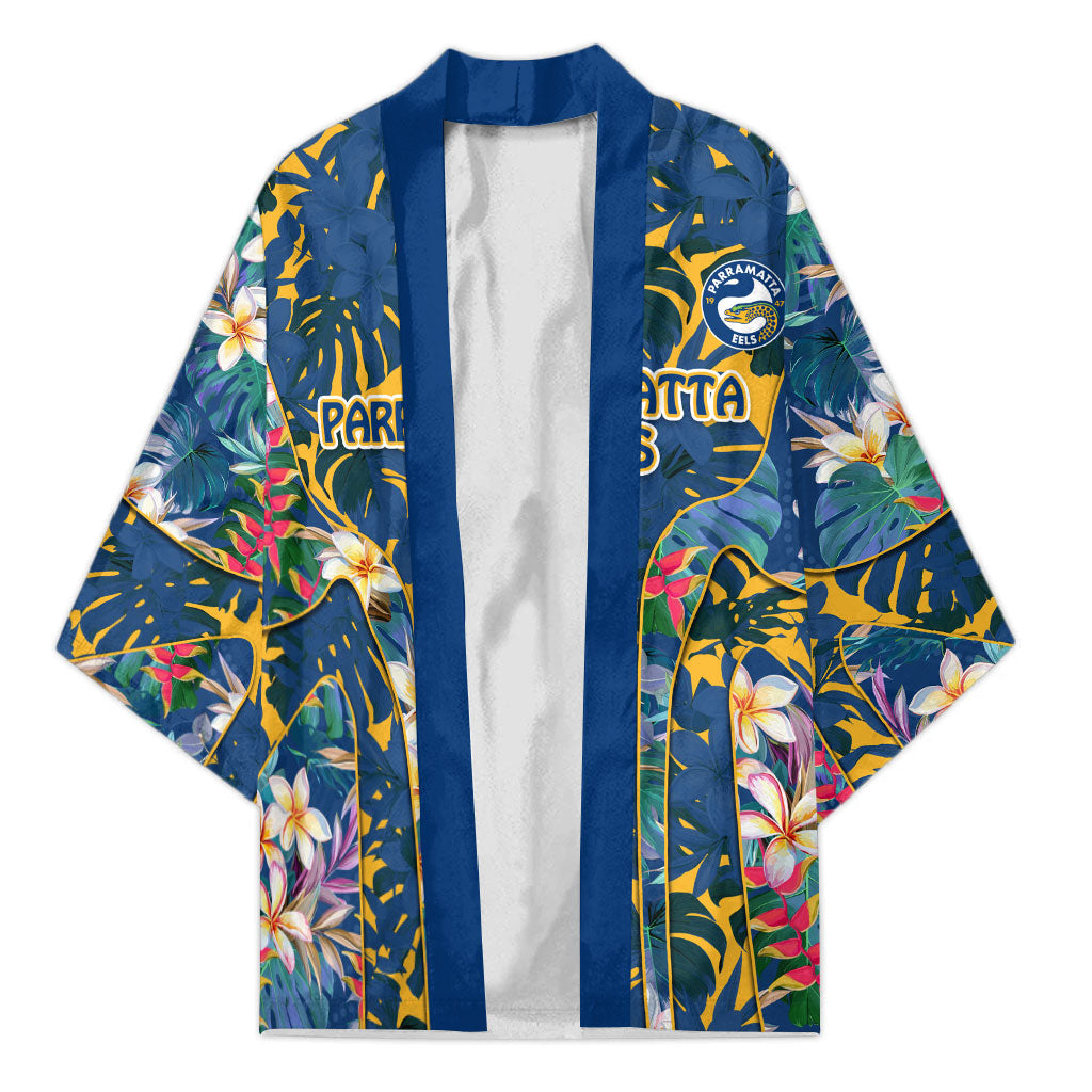 Parramatta Eels Kimono Tropical Hibiscus Floral Pattern With Blue And Yellow Accents