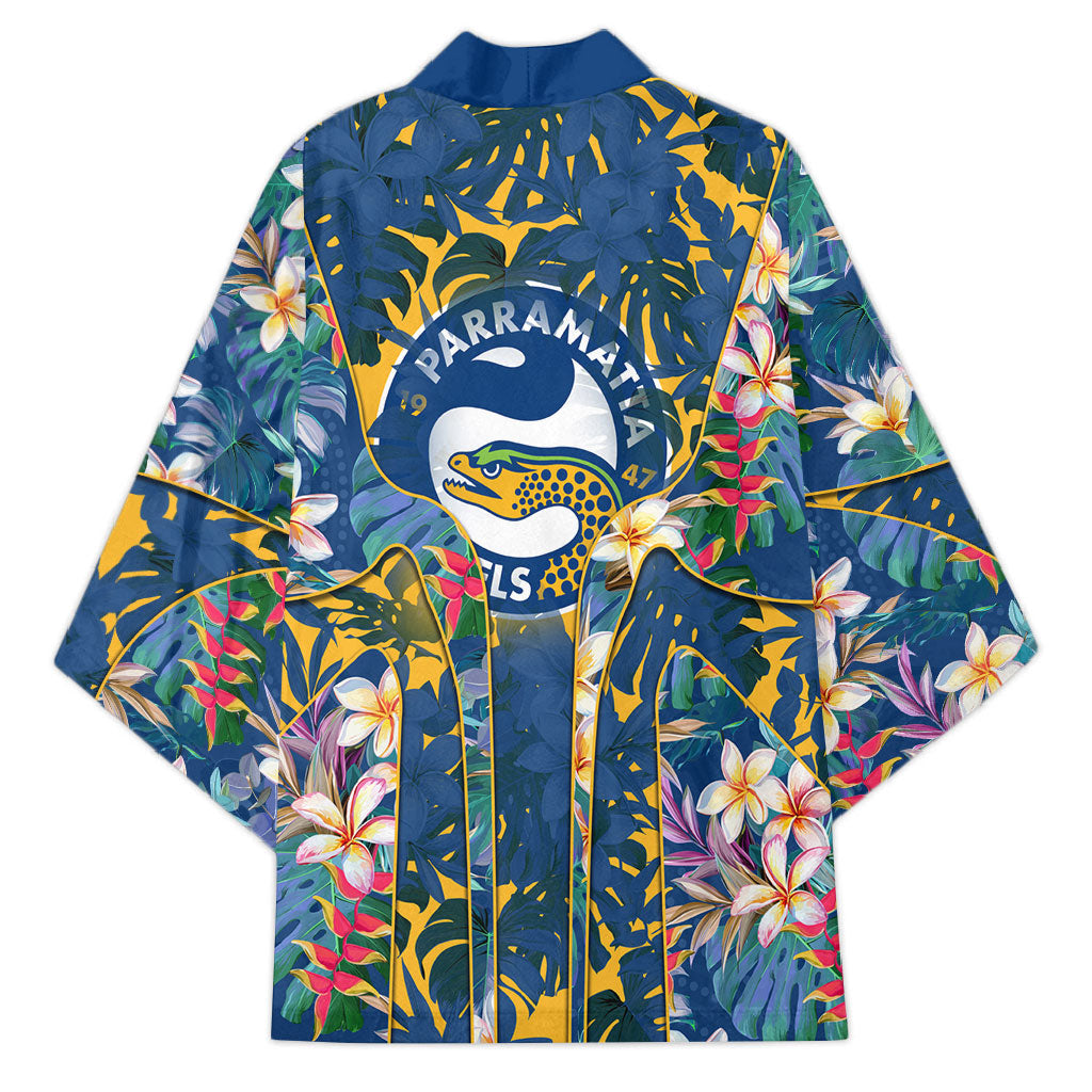 Parramatta Eels Kimono Tropical Hibiscus Floral Pattern With Blue And Yellow Accents