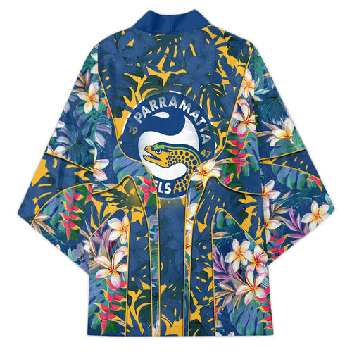 Parramatta Eels Kimono Tropical Hibiscus Floral Pattern With Blue And Yellow Accents