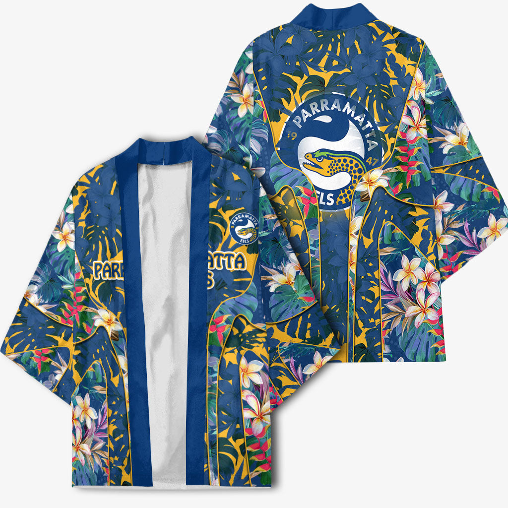 Parramatta Eels Kimono Tropical Hibiscus Floral Pattern With Blue And Yellow Accents