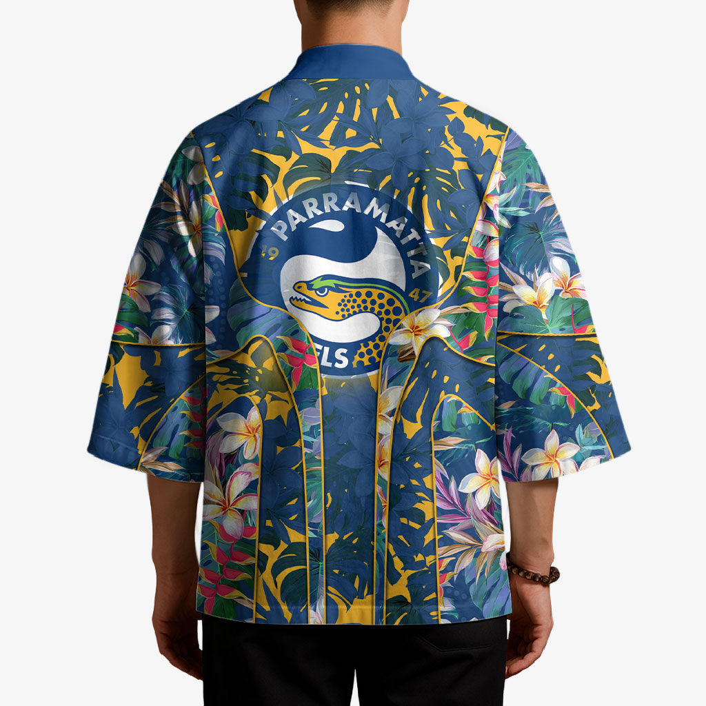 Parramatta Eels Kimono Tropical Hibiscus Floral Pattern With Blue And Yellow Accents