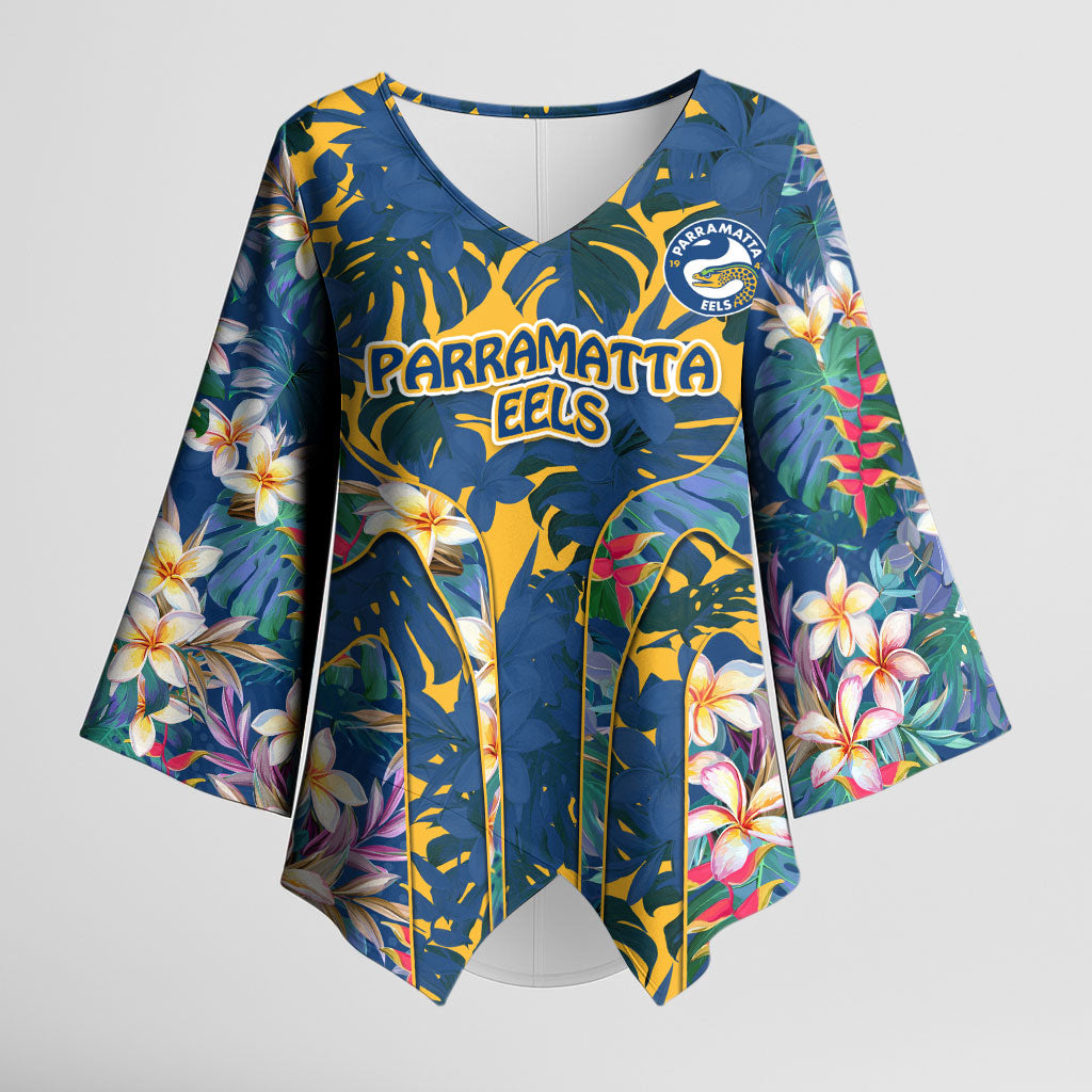 Parramatta Eels Kimono Sleeve Blouse Tropical Hibiscus Floral Pattern With Blue And Yellow Accents