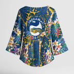 Parramatta Eels Kimono Sleeve Blouse Tropical Hibiscus Floral Pattern With Blue And Yellow Accents