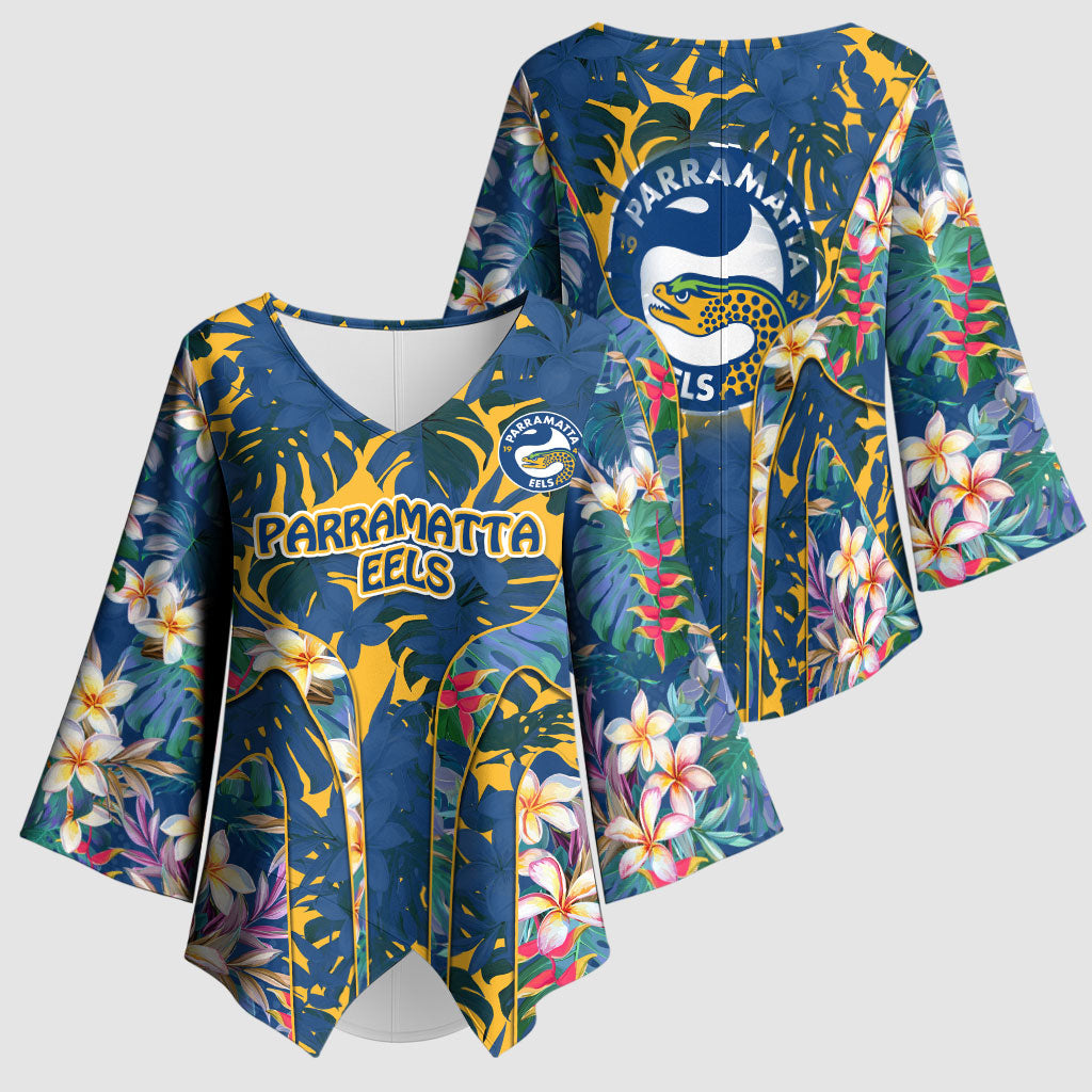 Parramatta Eels Kimono Sleeve Blouse Tropical Hibiscus Floral Pattern With Blue And Yellow Accents