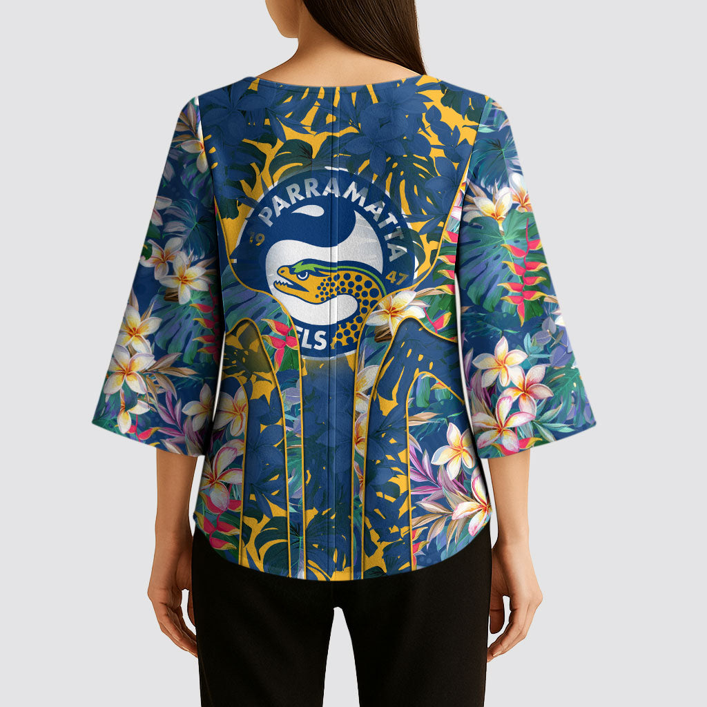 Parramatta Eels Kimono Sleeve Blouse Tropical Hibiscus Floral Pattern With Blue And Yellow Accents