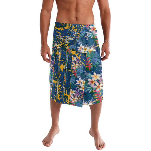 Parramatta Eels Lavalava Tropical Hibiscus Floral Pattern With Blue And Yellow Accents