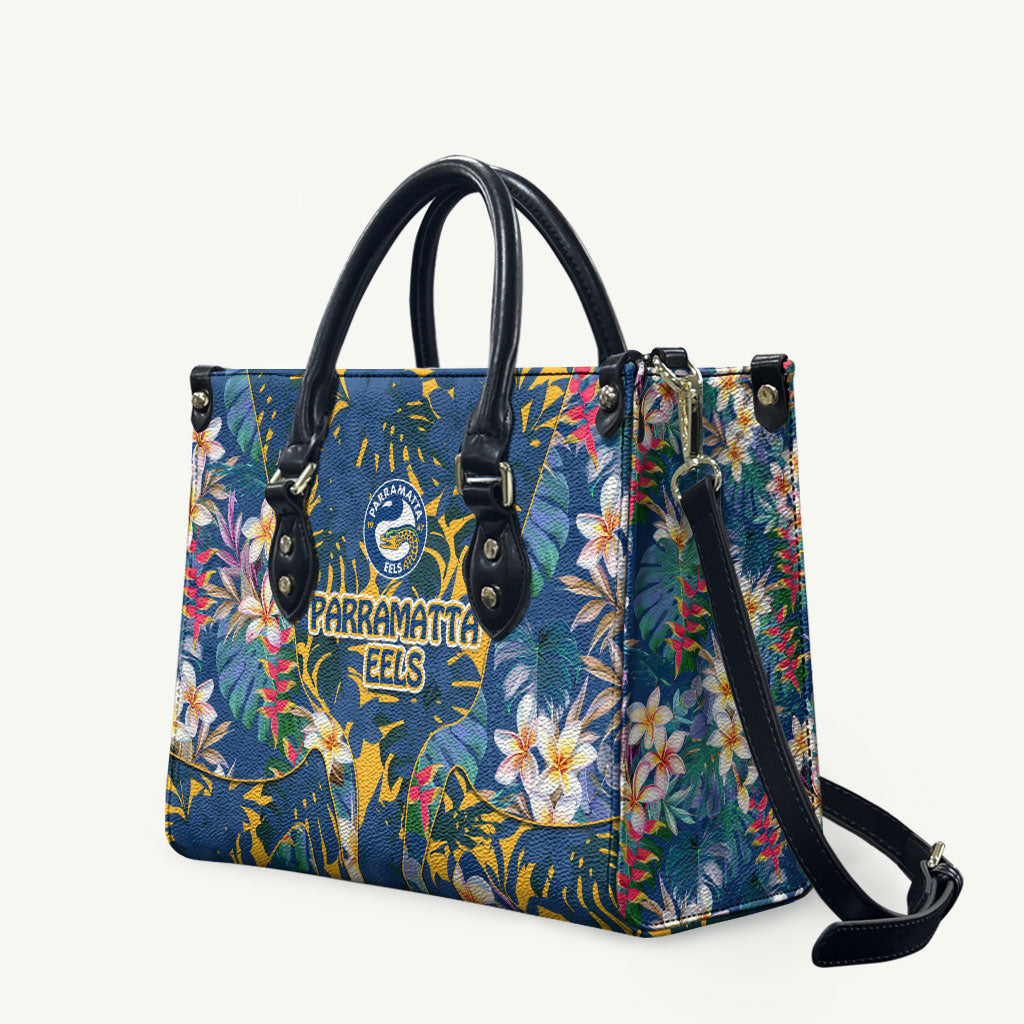 Parramatta Eels Leather Bag Tropical Hibiscus Floral Pattern With Blue And Yellow Accents