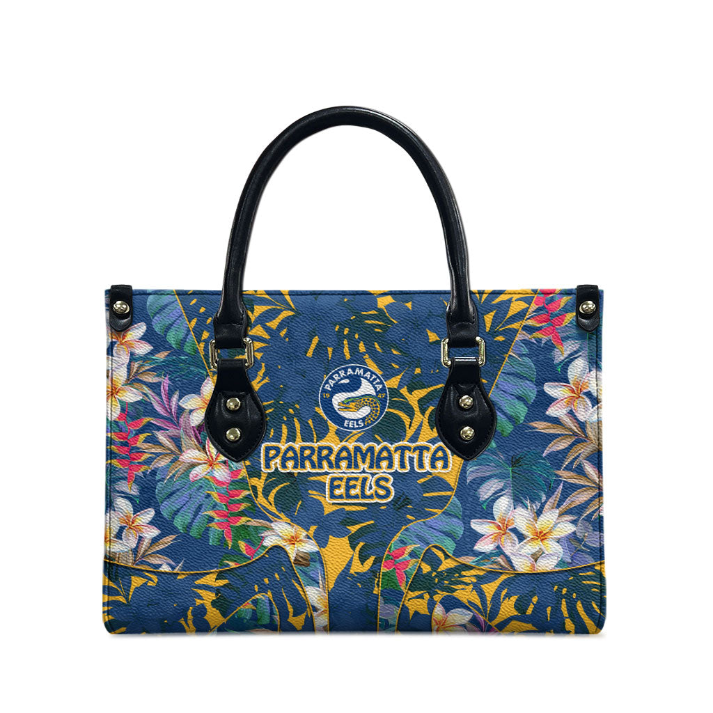 Parramatta Eels Leather Bag Tropical Hibiscus Floral Pattern With Blue And Yellow Accents