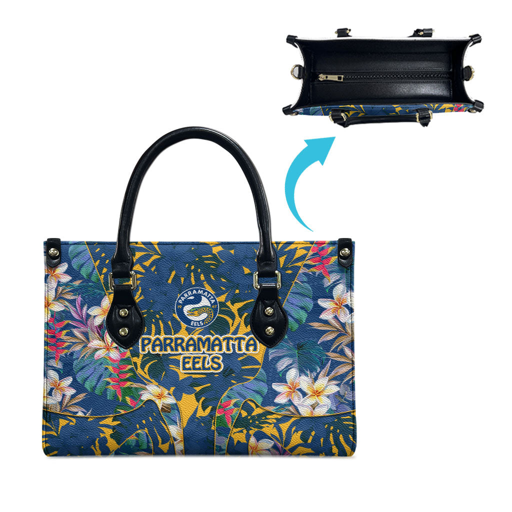 Parramatta Eels Leather Bag Tropical Hibiscus Floral Pattern With Blue And Yellow Accents