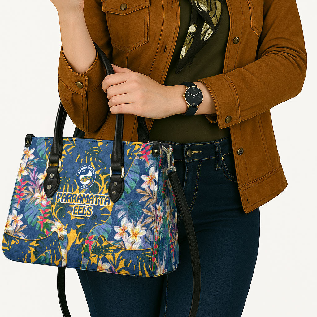 Parramatta Eels Leather Bag Tropical Hibiscus Floral Pattern With Blue And Yellow Accents