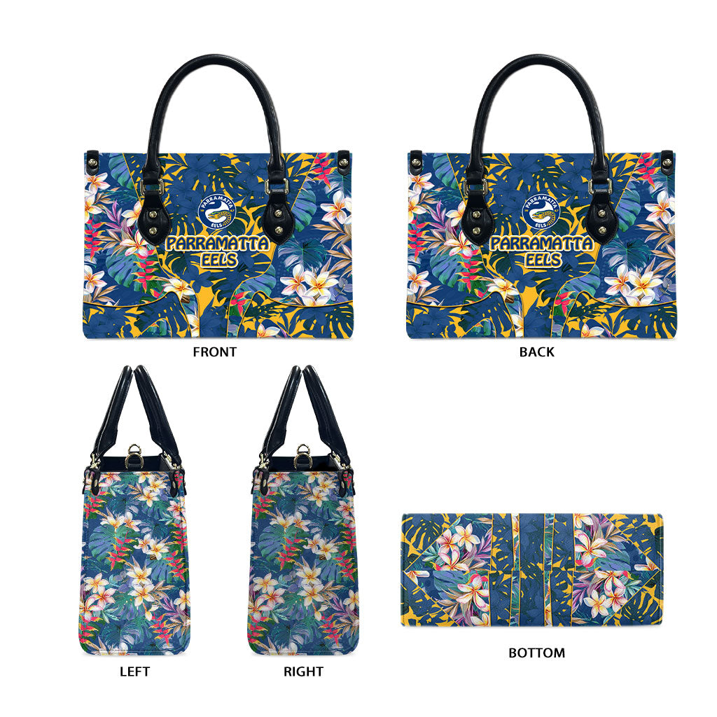 Parramatta Eels Leather Bag Tropical Hibiscus Floral Pattern With Blue And Yellow Accents