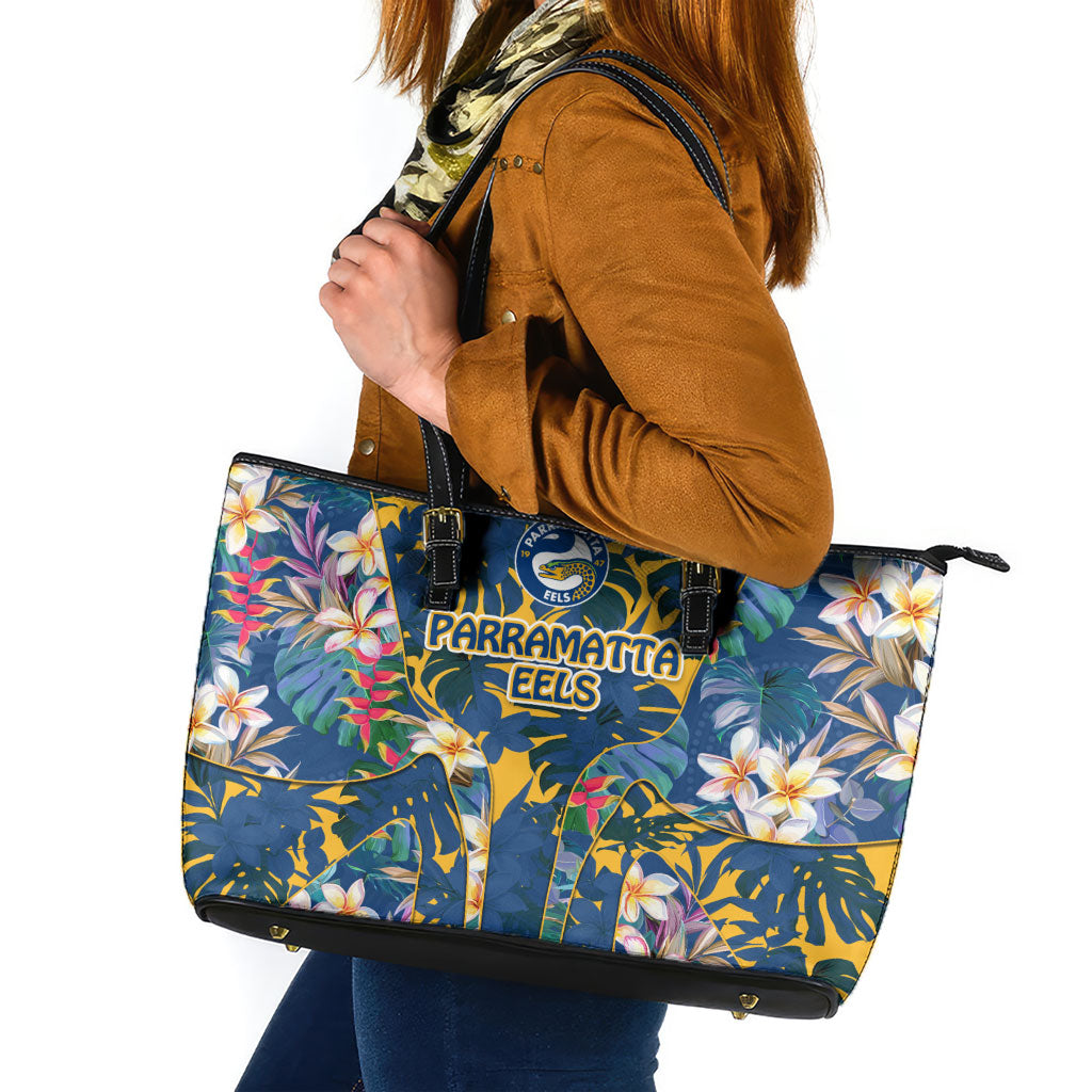Parramatta Eels Leather Tote Bag Tropical Hibiscus Floral Pattern With Blue And Yellow Accents