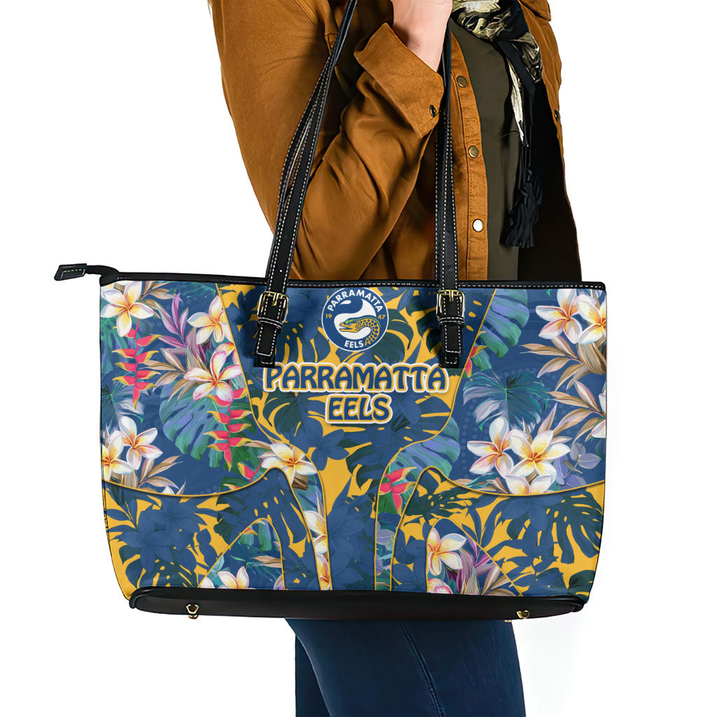 Parramatta Eels Leather Tote Bag Tropical Hibiscus Floral Pattern With Blue And Yellow Accents
