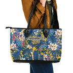 Parramatta Eels Leather Tote Bag Tropical Hibiscus Floral Pattern With Blue And Yellow Accents