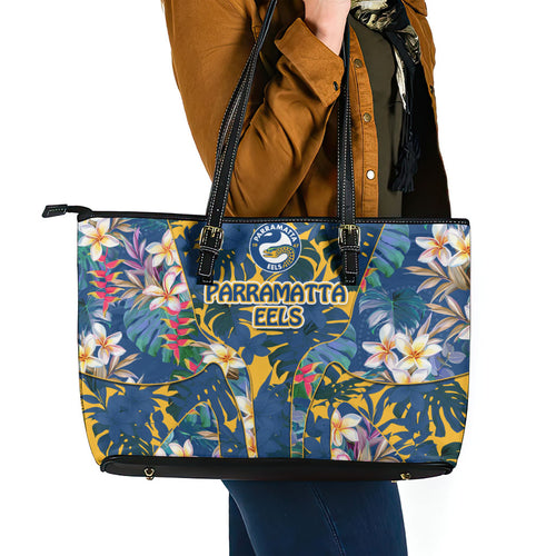Parramatta Eels Leather Tote Bag Tropical Hibiscus Floral Pattern With Blue And Yellow Accents