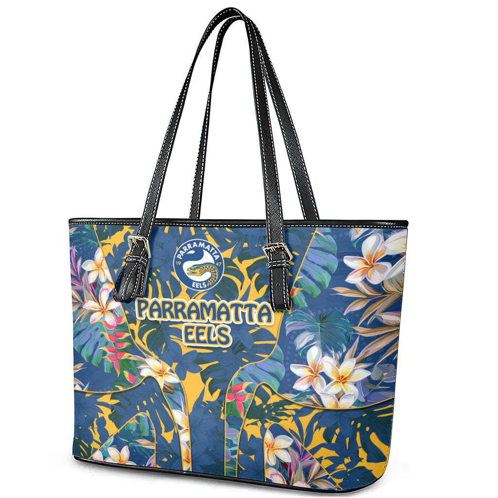 Parramatta Eels Leather Tote Bag Tropical Hibiscus Floral Pattern With Blue And Yellow Accents