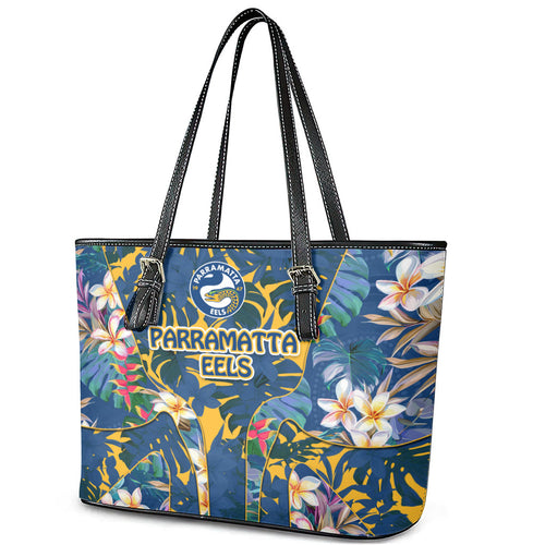 Parramatta Eels Leather Tote Bag Tropical Hibiscus Floral Pattern With Blue And Yellow Accents