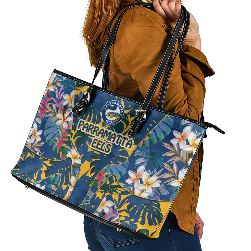 Parramatta Eels Leather Tote Bag Tropical Hibiscus Floral Pattern With Blue And Yellow Accents