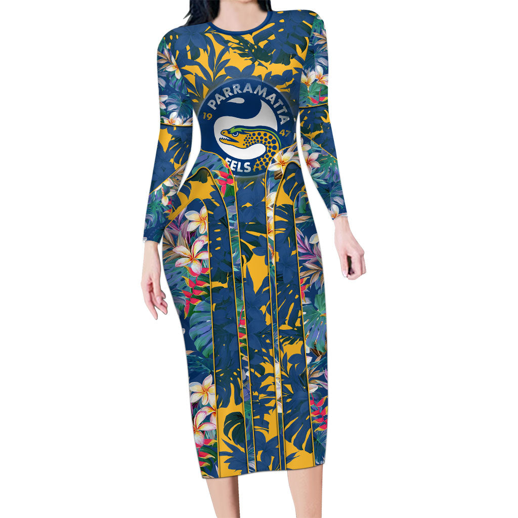 Parramatta Eels Long Sleeve Bodycon Dress Tropical Hibiscus Floral Pattern With Blue And Yellow Accents