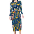 Parramatta Eels Long Sleeve Bodycon Dress Tropical Hibiscus Floral Pattern With Blue And Yellow Accents